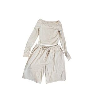 Free People Lounge Set Womens XS Beige Off Shoulder Sweatshirt Bermuda Shorts
